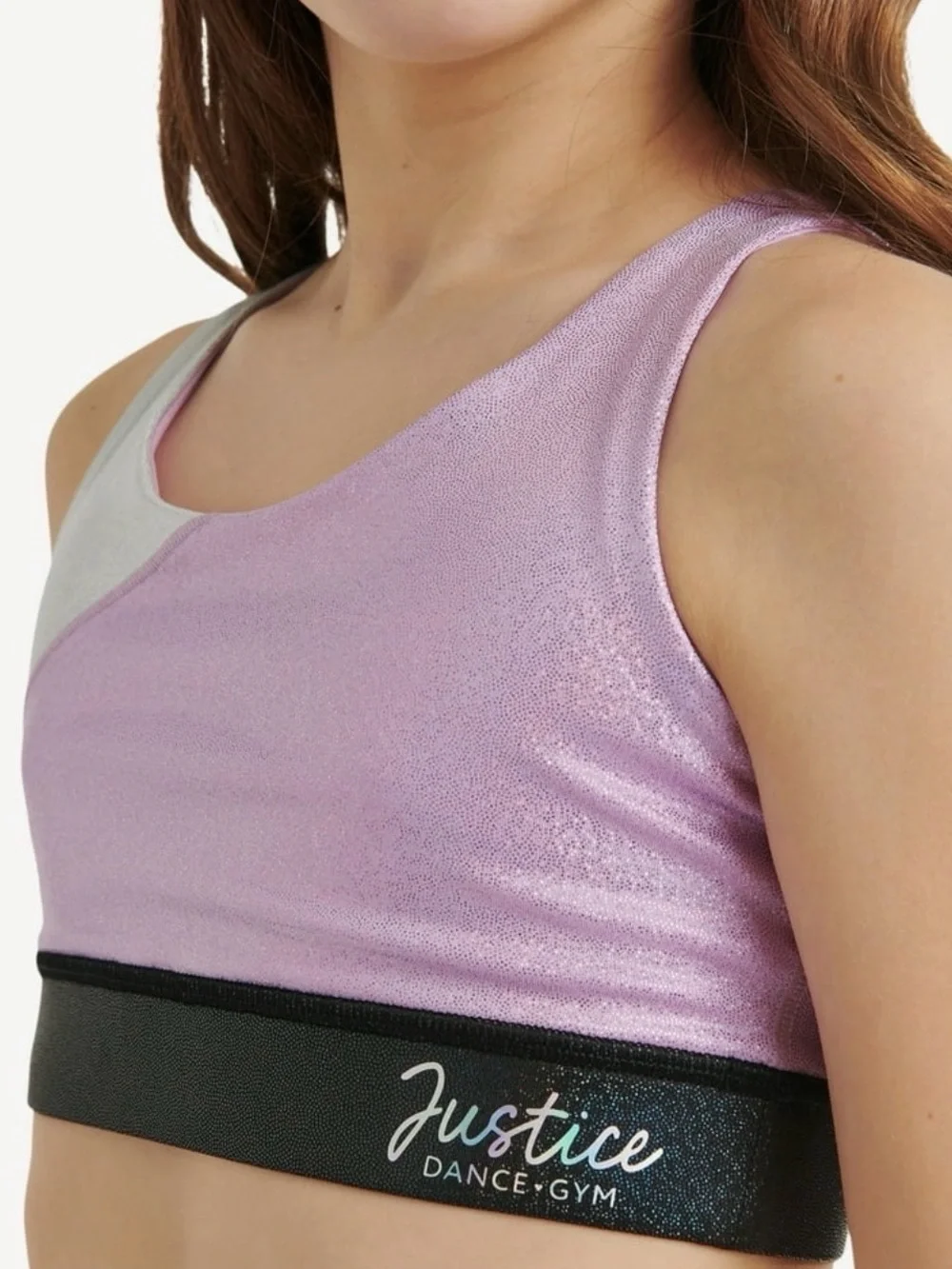 NWT: Justice Stretch Strappy Back Sports Bra for Girls Purple Black Dance Gym